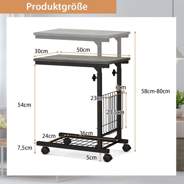 Verstellbarer Laptoptisch mit Ablagekorb und Rollen