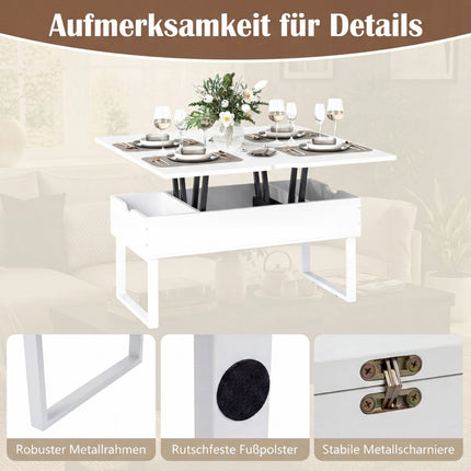 Table basse relevable réglable avec rangement dissimulé, blanche