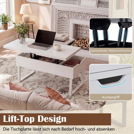 Table basse relevable réglable avec rangement dissimulé, blanche