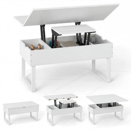 Table basse relevable réglable avec rangement dissimulé, blanche