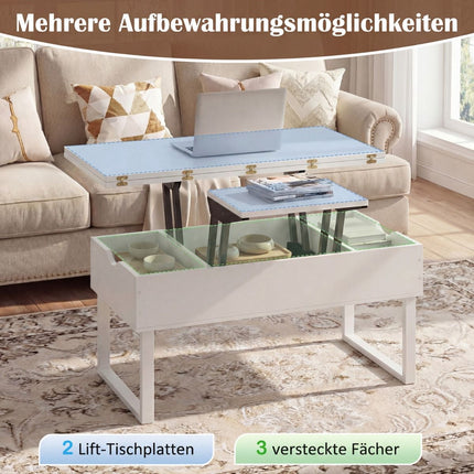 Table basse relevable réglable avec rangement dissimulé, blanche
