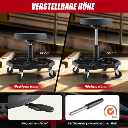 Tabouret de mécanicien réglable avec plateau à outils, capacité de charge de 150 kg