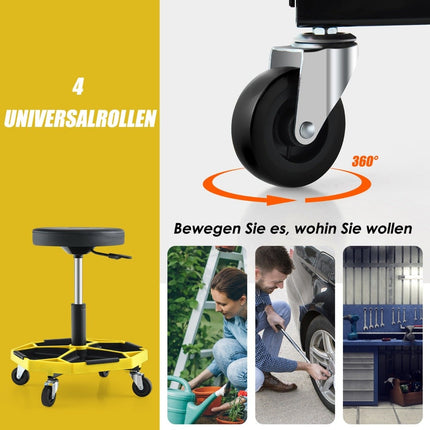 Verstellbarer Mechanikerhocker mit Ablage, 150 kg Tragkraft, Gelb