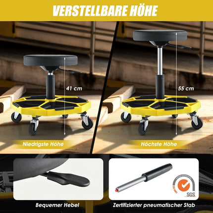 Verstellbarer Mechanikerhocker mit Ablage, 150 kg Tragkraft, Gelb