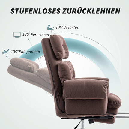 Verstellbarer Bürostuhl mit Fußstütze, brauner Stoff, Stahl