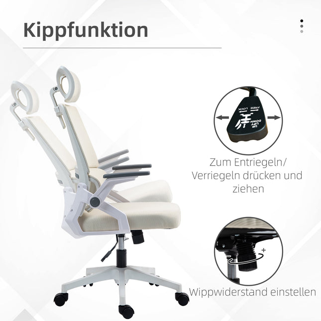 Verstellbarer Bürostuhl mit Kopfstütze, Beige, 60x61x121,5 cm