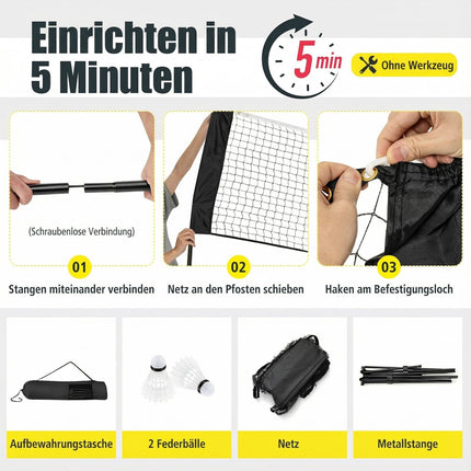 Verstellbares Outdoor-Badmintonnetz mit Ständer, Schwarz