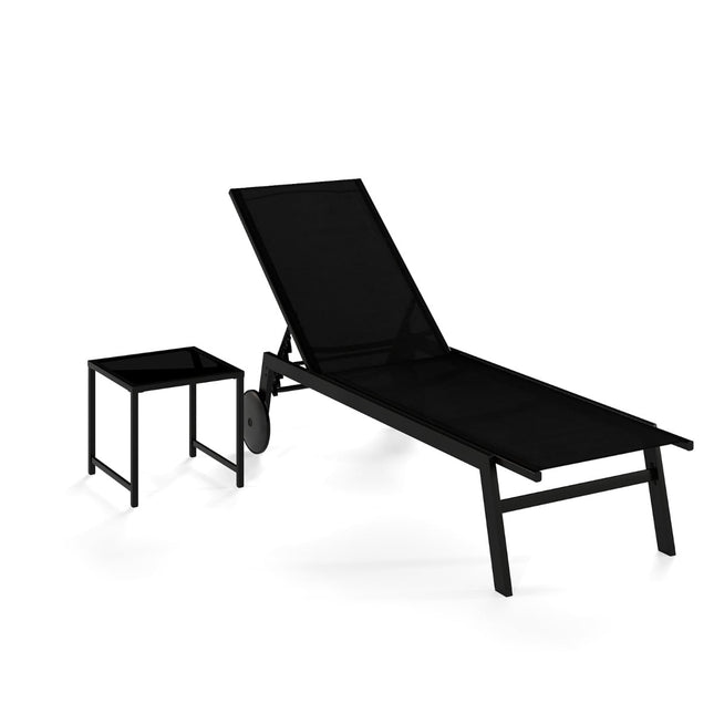 Verstellbarer Outdoor-Liegestuhl mit Tisch, schwarzer Stoff