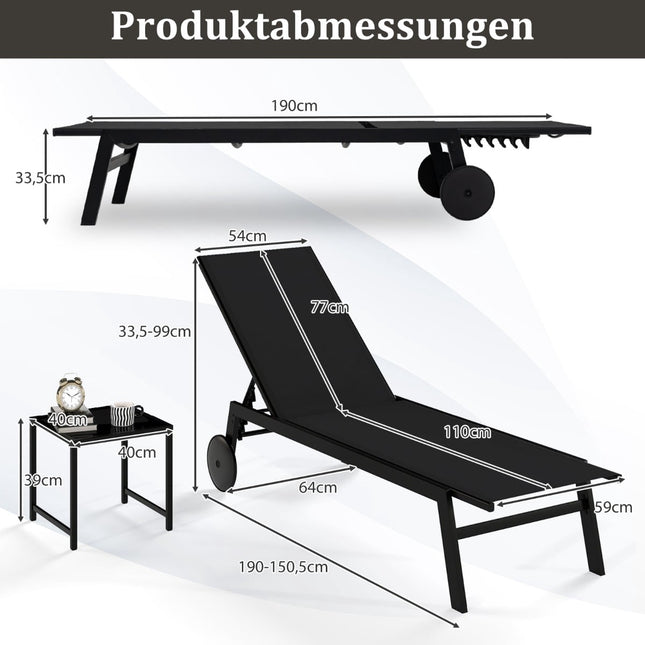 Verstellbarer Outdoor-Liegestuhl mit Tisch, schwarzer Stoff