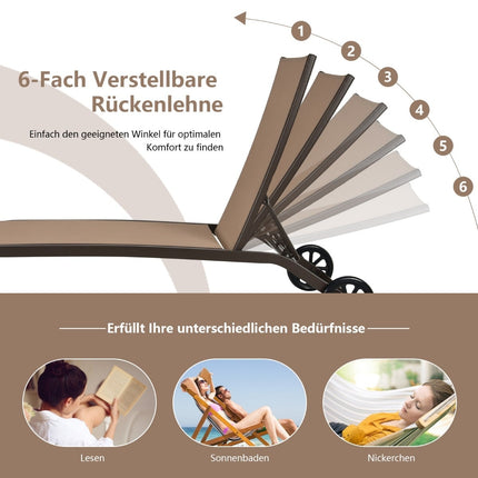 Fauteuil inclinable d'extérieur réglable en acier avec roulettes, marron