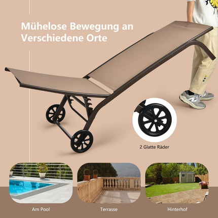 Fauteuil inclinable d'extérieur réglable en acier avec roulettes, marron