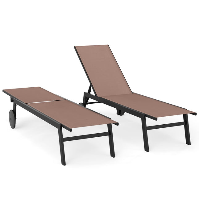 Ensemble de chaises longues d'extérieur réglables avec roulettes, marron