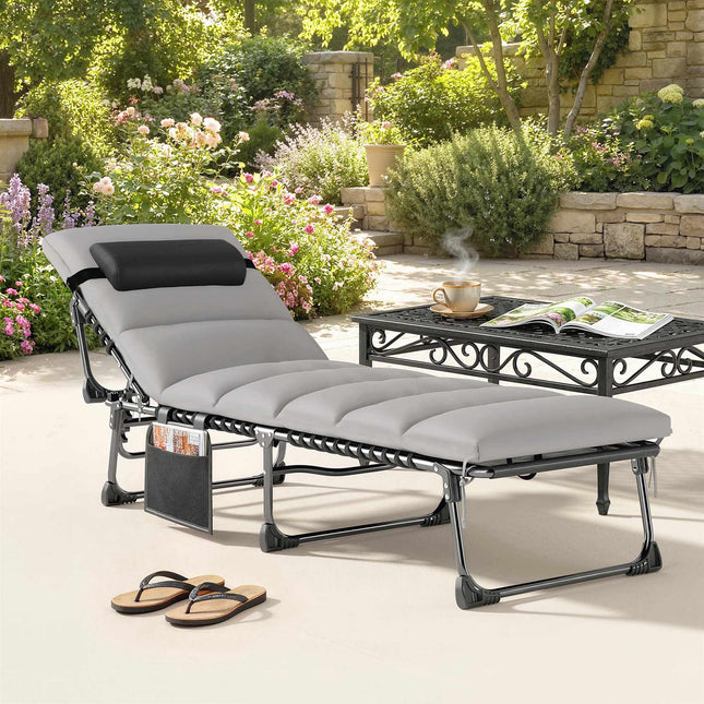Chaise longue d'extérieur réglable avec coussin et poche