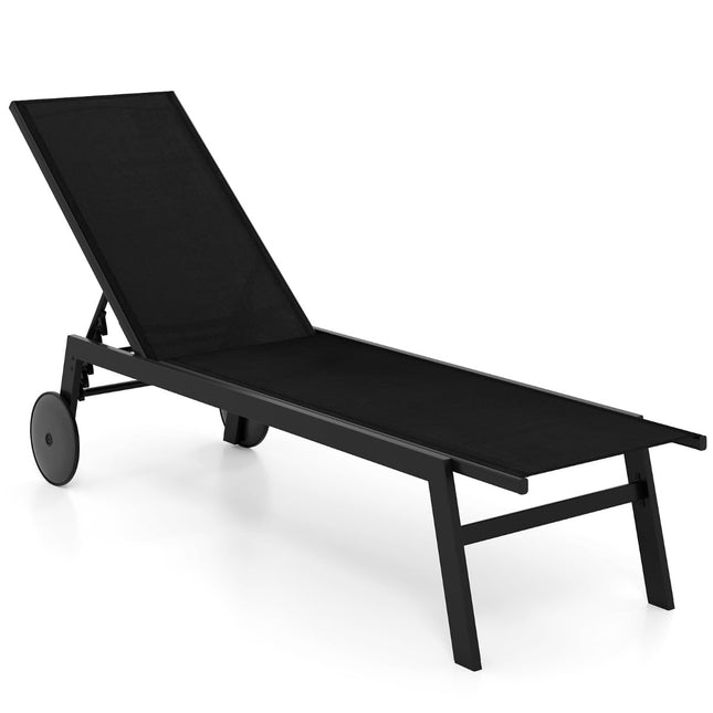 Chaise longue d'extérieur réglable avec roulettes, tissu à séchage rapide