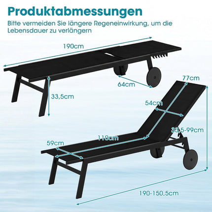 Chaise longue d'extérieur réglable avec roulettes, tissu à séchage rapide