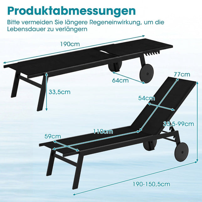 Chaise longue d'extérieur réglable avec roulettes, tissu à séchage rapide