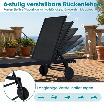 Chaise longue d'extérieur réglable avec roulettes, tissu à séchage rapide