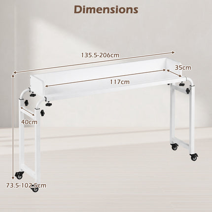 Table de lit réglable à roulettes, blanche, 135,5-206 cm