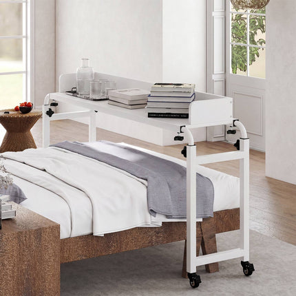 Table de lit réglable à roulettes, blanche, 135,5-206 cm