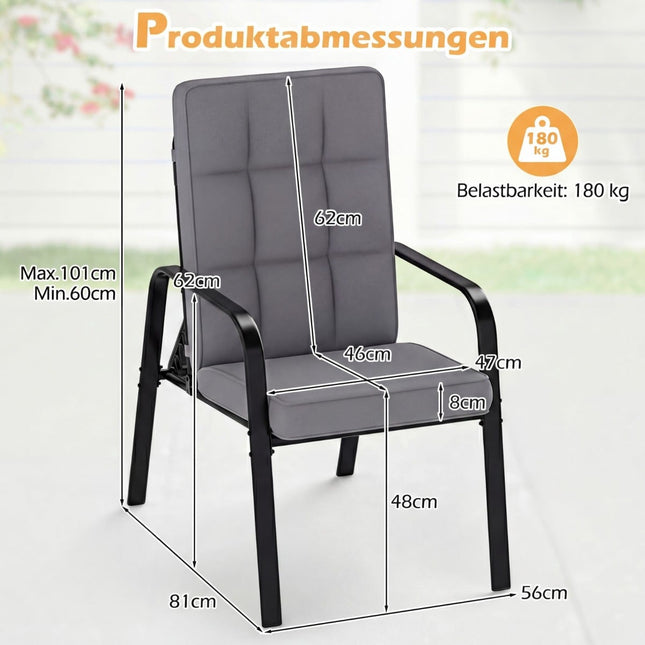 Verstellbare Terrassenstühle 2er-Set mit Polstern, Grau