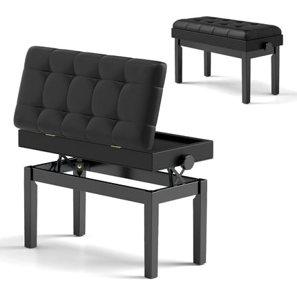 Banc de piano réglable avec rangement, noir, 2 places