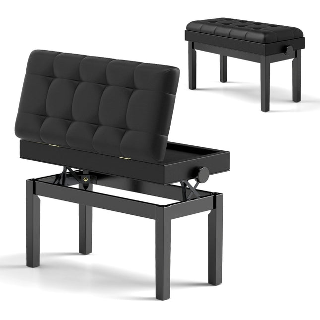 Banc de piano réglable avec rangement, noir, 2 places