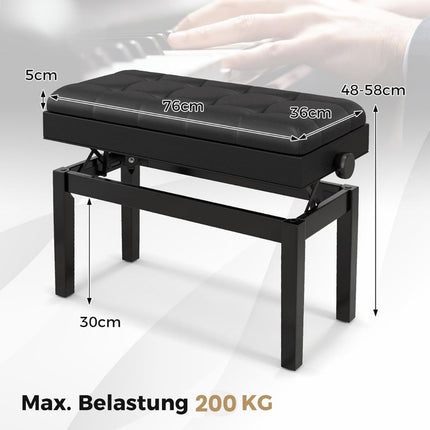 Banc de piano réglable avec rangement, noir, 2 places