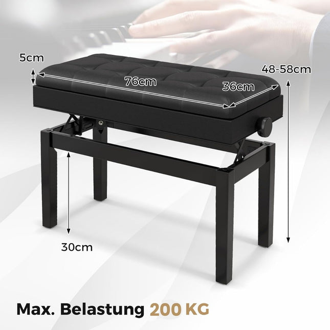 Banc de piano réglable avec rangement, noir, 2 places