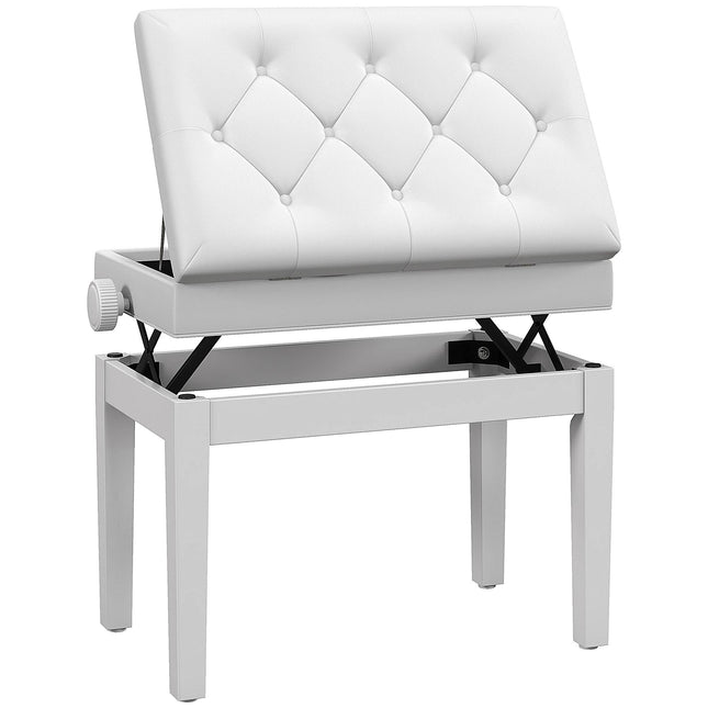 Banc de piano réglable avec rangement, similicuir, blanc