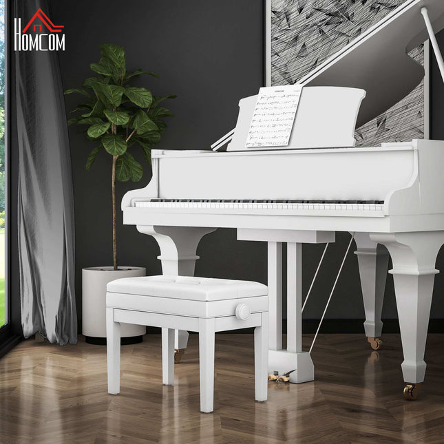 Banc de piano réglable avec rangement, similicuir, blanc