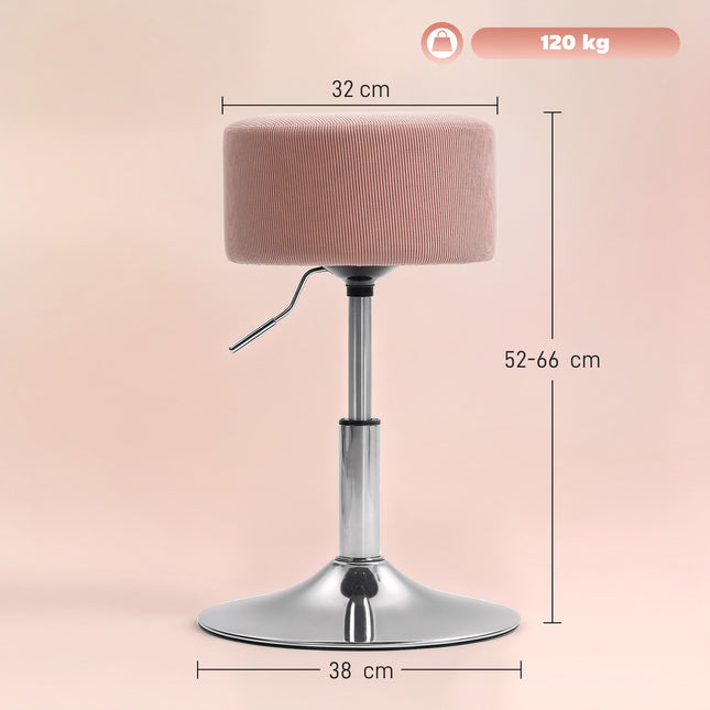 Verstellbarer rosa Cord-Barhocker, 360° drehbar, Metallfuß