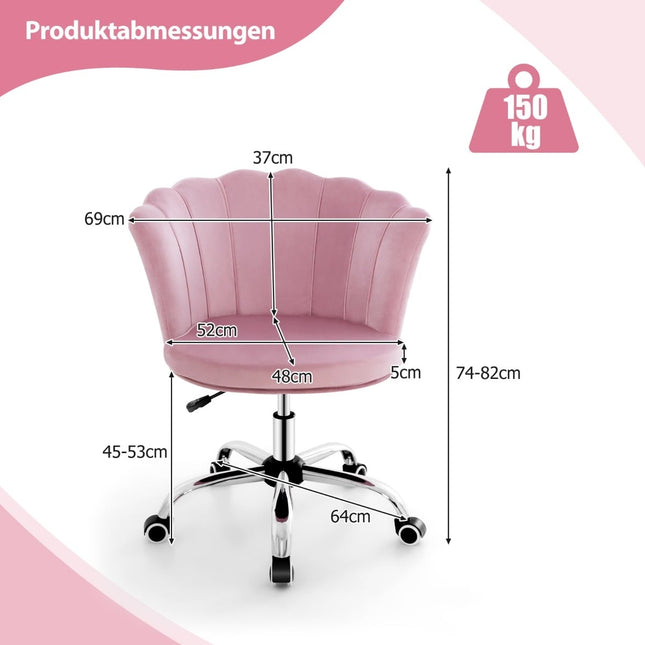 Verstellbarer rosa Samt-Bürostuhl mit Rollen, ergonomisches Design