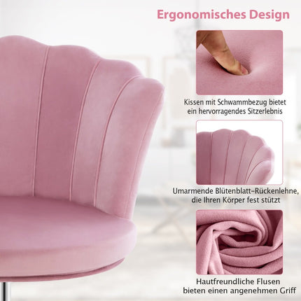 Verstellbarer rosa Samt-Bürostuhl mit Rollen, ergonomisches Design
