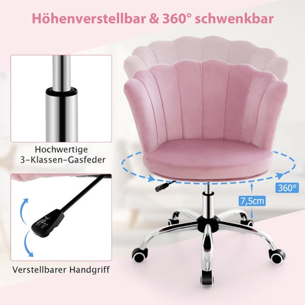 Verstellbarer rosa Samt-Bürostuhl mit Rollen, ergonomisches Design