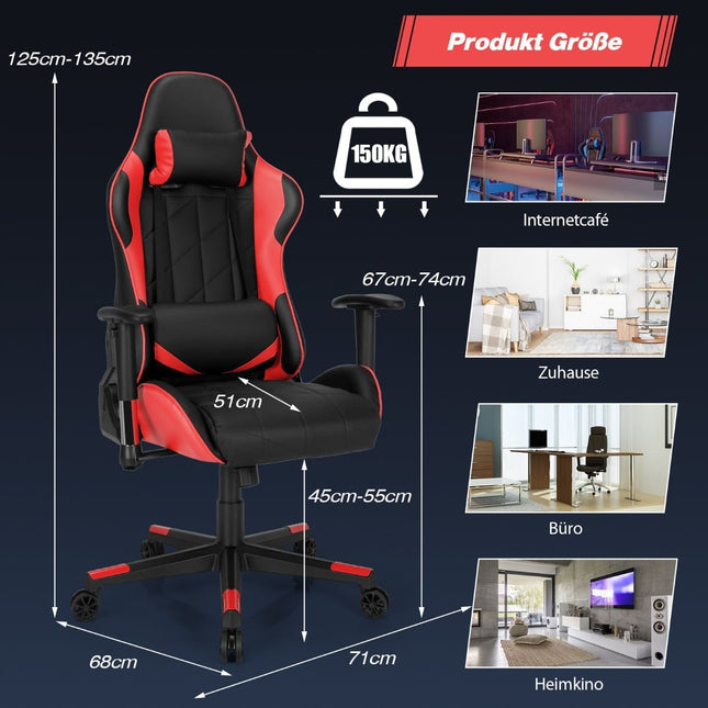 Verstellbarer Gaming-Stuhl im Rennstil mit Kopfstütze und Lendenkissen