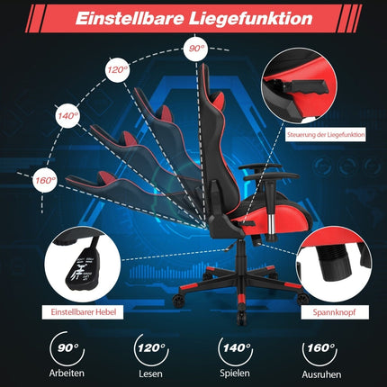 Verstellbarer Gaming-Stuhl im Rennstil mit Kopfstütze und Lendenkissen