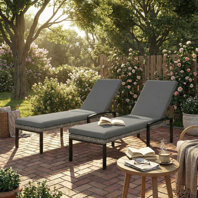 Ensemble de bain de soleil réglable en rotin avec coussins, gris