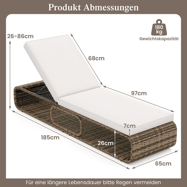 Chaise longue réglable en rotin avec coussin, capacité de charge de 180 kg