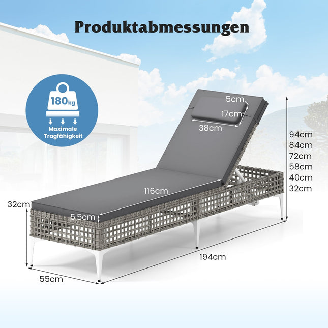 Verstellbare Rattan-Sonnenliege mit Kissen & Kopfstütze