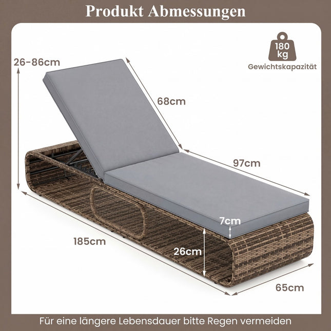 Verstellbare Rattan Sonnenliege mit Kissen, wetterfest