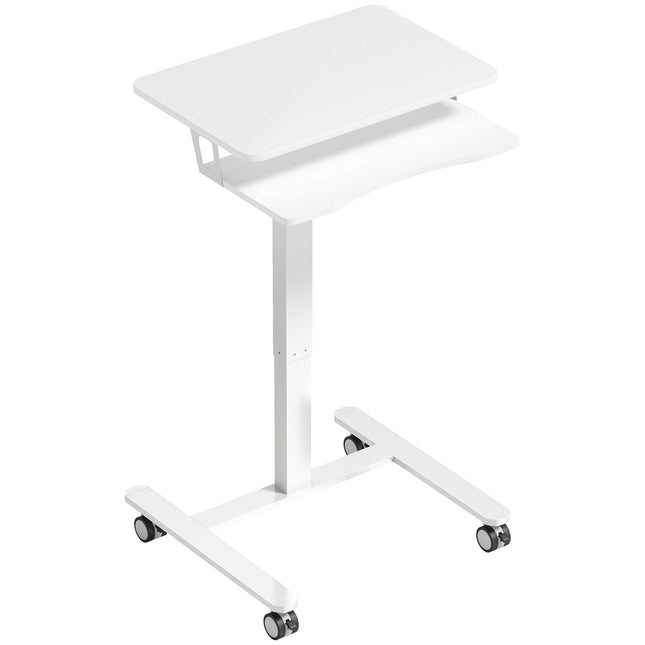 Rollbarer Steh-Sitz-Schreibtisch mit Tastaturablage, weiß