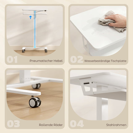 Bureau assis-debout à roulettes réglable avec plateau pour clavier, blanc