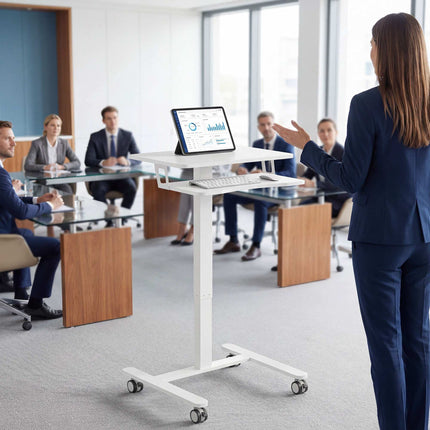 Bureau assis-debout à roulettes réglable avec plateau pour clavier, blanc