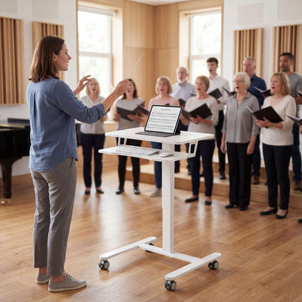Bureau assis-debout à roulettes réglable avec plateau pour clavier, blanc