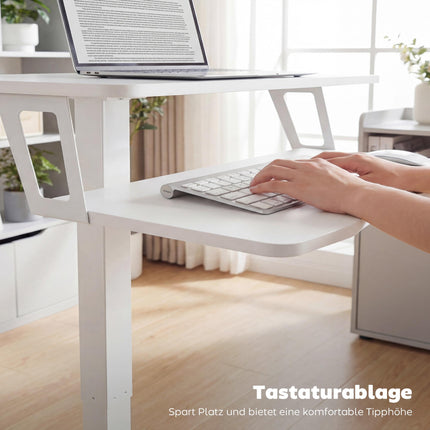 Bureau assis-debout à roulettes réglable avec plateau pour clavier, blanc