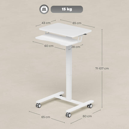 Bureau assis-debout à roulettes réglable avec plateau pour clavier, blanc
