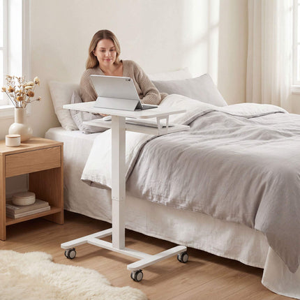 Bureau assis-debout à roulettes réglable avec plateau pour clavier, blanc