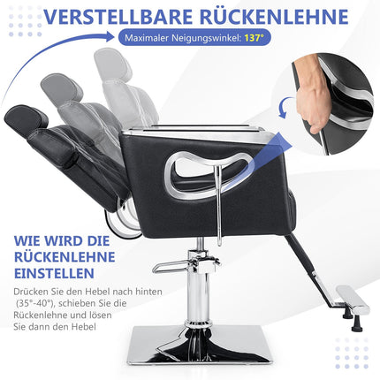 Verstellbarer Friseurstuhl mit neigbarer Rückenlehne und Kopfstütze