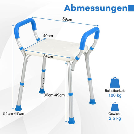 Tabouret de douche réglable avec pieds antidérapants, capacité de charge de 100 kg