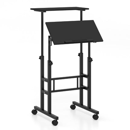 Höhenverstellbarer Steh-Sitz-Schreibtisch mit Rollen, Schwarz, MDF & Stahl